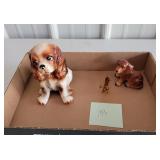 3 dog statues, porcelain & glass