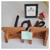 2 shelves and love sign picture and house basket
