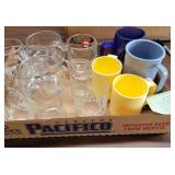 Glass and plastic cups/ 1 A&W root beer mug