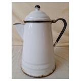 White Enamelware Coffee Pot w/Black trim