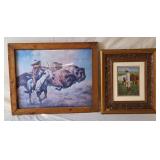 Old Cowboy & Horses & Buffalo Hunt Framed Pictures