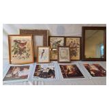 Wood Framed Mirror & Bird Pictures