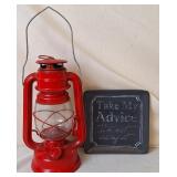 Red Kerosene Oil Lantern & "Take My Advice" Plate