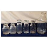 6 Glass Milk Bottles, Various Sizes