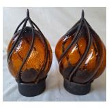 2 Handblown Caged Glass Wrought Iron Lamp Globes