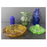 Vaseline Glass Juicer, Amber Glass Ash Tray