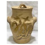 Shafer pottery urn with lid. 11.5 inches tall