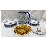Art glass pitcher and painted dessertnplates