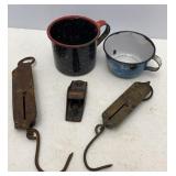 4 Enamel Coffee Cups, Scales & Small Hand Plane