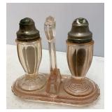 Pink Depression Glass Shakers & Caddy
