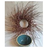 Small Teal Stoneware Mixing Bowl & Berry Wreath