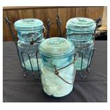 Blue Ball Jars With Metal Wire Stands