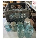 12 Blue Ball Qt. Jars, 3 Pints/ Wayne Dairy Crate