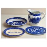 Blue Willow China Creamer, Bowl, Small Plates