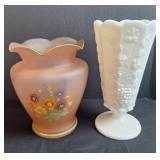 Pink Frosted Vase & Paneled Grape Milk Glass Vase
