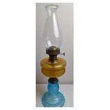Oil Lamp w/Blue Glass Base & Amber Oil Reservoir