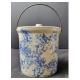 Blue Spongeware Stoneware Canister w/Lid, Vintage