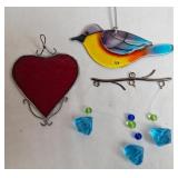 Stained Glass Heart Suncatcher & Bird w/Beads