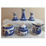 Blue Willow China Candlesticks, Cream & Sugar Bowl