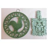 Green Enameled Rooster Trivet & Green Trivet