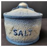 Blue & White Stoneware Salt Keeper w/Lid, Vintage