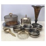 Sliver Plate Tea Canister, Vase, Coasters