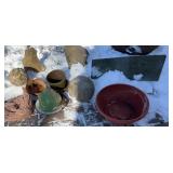 Concrete Ball, terracotta planter, enamel plate