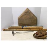 Vtg Baseball Bats, Glove & Home Plate