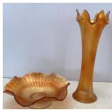 Fenton Carnival Glass Bowl & Handkerchief Vase