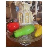 Glass cake plate,water pitcher, glass fruit