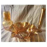 Marigold Carnival Glass bowl, vase, decanter