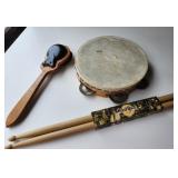 Tamborine, drum sticks, castanets