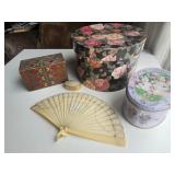 Fan, trinket boxes, pill box,