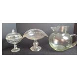 Glass Pitcher, Fruit Stand Bowl & Covered Candy