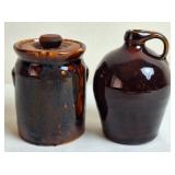 Brown Stoneware Crock w/Wood Lid and Jug