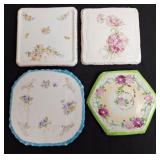 4 Porcelain Floral Tea Tile Trivets, Vintage