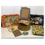 Vtg Cast Metal Light, Trays, Hat Box