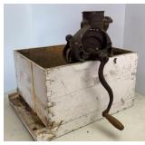 Antique Black Hawk Corn Sheller on Bee Hive Box