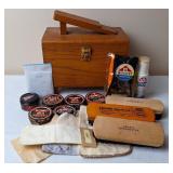 Wooden Shoe Shine Box w/Brushes & Polish