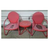 2 Red Metal Patio Chairs w/Side Table