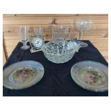 Glass plates, bowl, pitcher, goblet, clock
