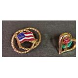 American Flag & Heart with Rose Pin