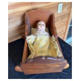 Wood Doll Cradle & antique doll
