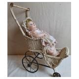 Antique Victorian Wicker Doll Stroller & Doll