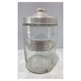 Vtg Glass Cookie Jar with Aluminum Lid & Label