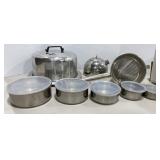 Vtg Aluminum Cake Plate, SS Nesting Bowls,