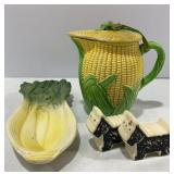 Vtg Corn Cob Pitcher, Celery Tray & S/P Shakers