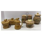Vtg Porcelian Wicker Rooster Creamer, Jam & Butter