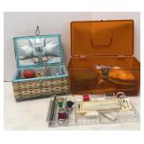 Vtg Sewing Baskets, Thread Rack & Notions