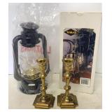 Heavy Brass Candlestick Holders & Lantern
